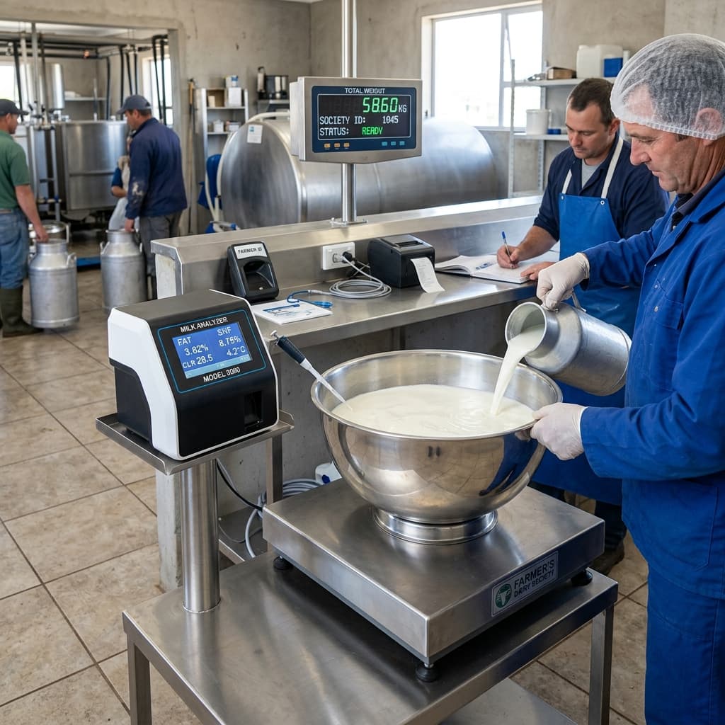 Dairy technicians testing and weighing fresh milk